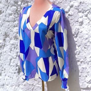 SHEIN NEW LUNE GEO PRINT LANTERN SLEEVES BLOUSE TOP BRIGHT BLUE LARGE